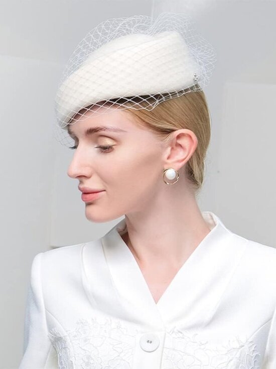 Women\'s Elegant Church Fedoras Wool Felt Vintage Beret Wedding Veil Cap White main image 5